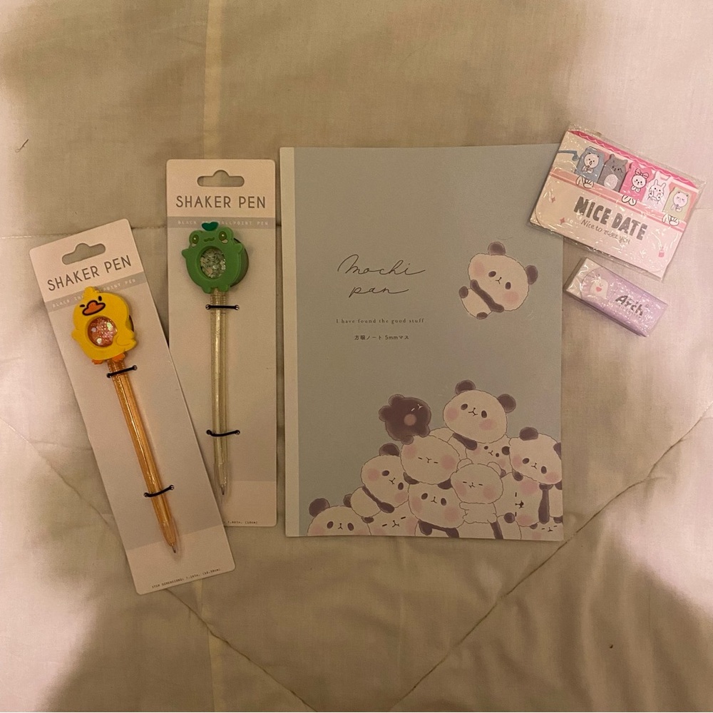 5 Piece Kawaii Notepad Pen Page Place Markers Eraser Bundle